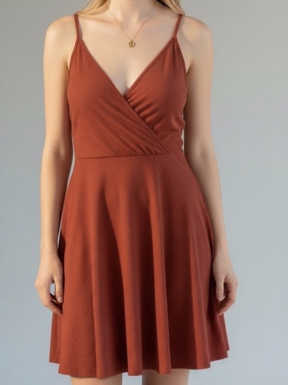 Mossimo Supply Co. Rust Orange Ribbed Faux Wrap Skater Mini Dress Size Medium